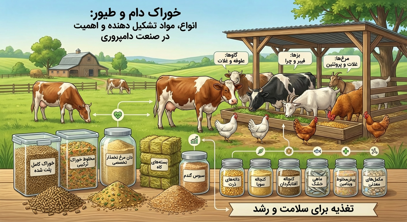 خوراک دام و طیور: انواع، ترکیبات، اهمیت و نقش در صنعت دامداری